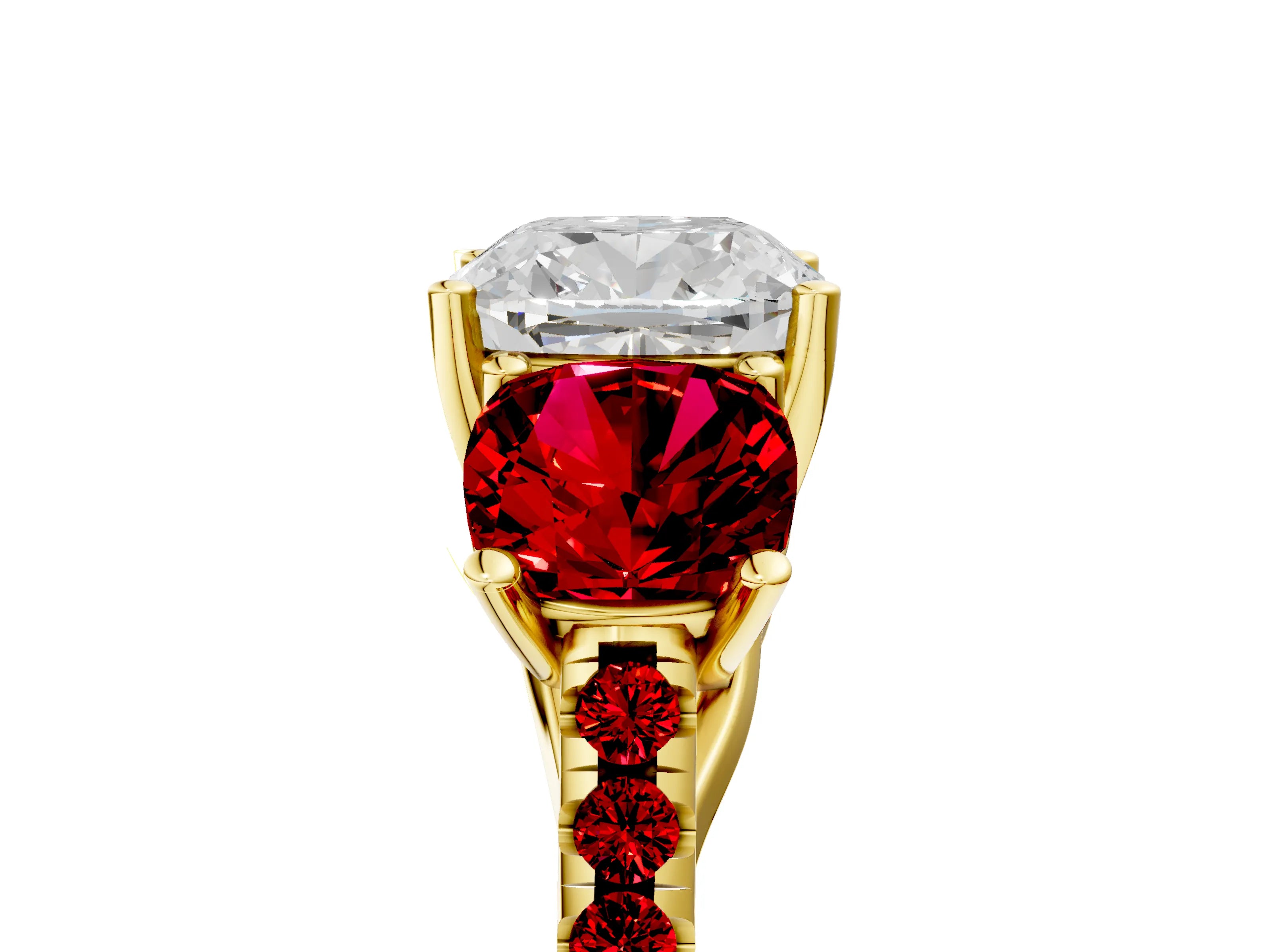 Yellow gold Three-Stone Cushion Cut Diamond Ring with Round with Ruby side stone Pavé Band and Prong Setting_5