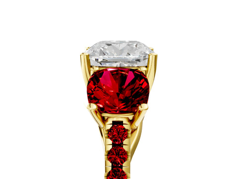 Yellow gold Three-Stone Cushion Cut Diamond Ring with Round with Ruby side stone Pavé Band and Prong Setting_5