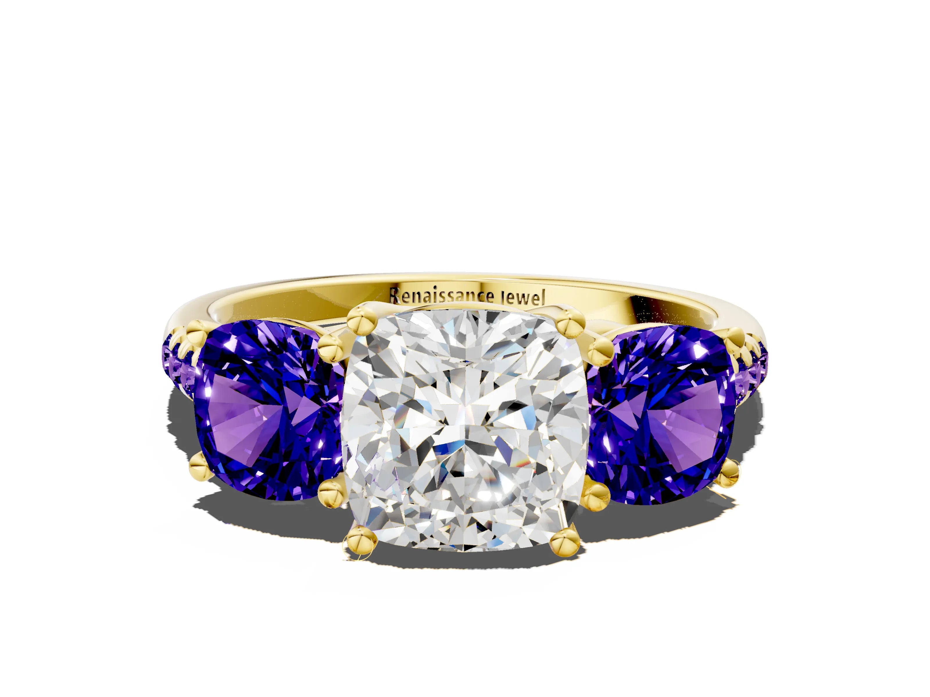 Yellow gold Three-Stone Cushion Cut Diamond Ring with Round with Tanzanite side stone Pavé Band and Prong Setting