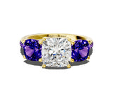 Yellow gold Three-Stone Cushion Cut Diamond Ring with Round with Tanzanite side stone Pavé Band and Prong Setting