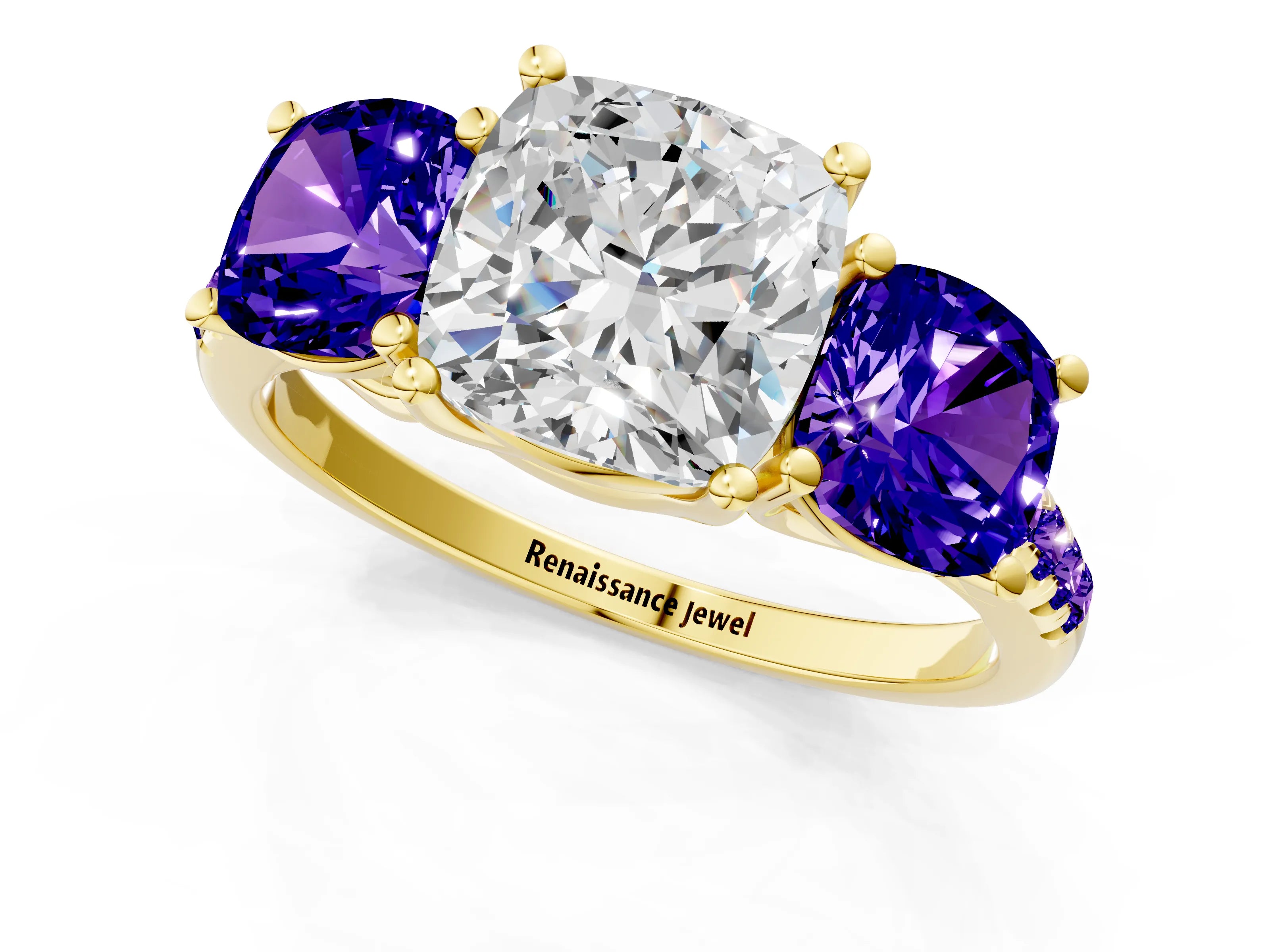 Yellow gold Three-Stone Cushion Cut Diamond Ring with Round with Tanzanite side stone Pavé Band and Prong Setting_1