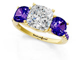 Yellow gold Three-Stone Cushion Cut Diamond Ring with Round with Tanzanite side stone Pavé Band and Prong Setting_1
