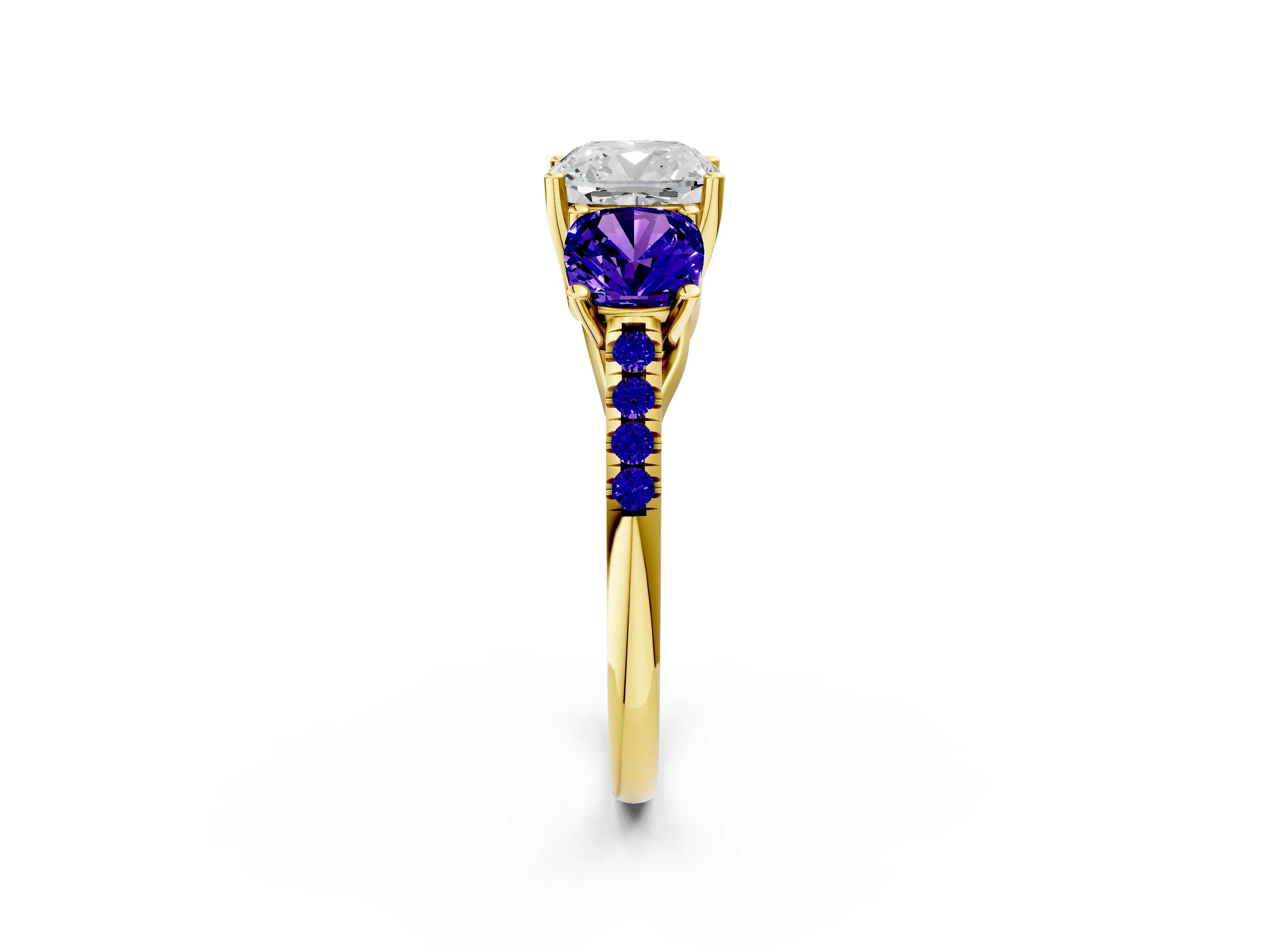 Yellow gold Three-Stone Cushion Cut Diamond Ring with Round with Tanzanite side stone Pavé Band and Prong Setting_2