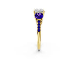 Yellow gold Three-Stone Cushion Cut Diamond Ring with Round with Tanzanite side stone Pavé Band and Prong Setting_2