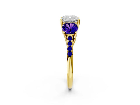 Yellow gold Three-Stone Cushion Cut Diamond Ring with Round with Tanzanite side stone Pavé Band and Prong Setting_2