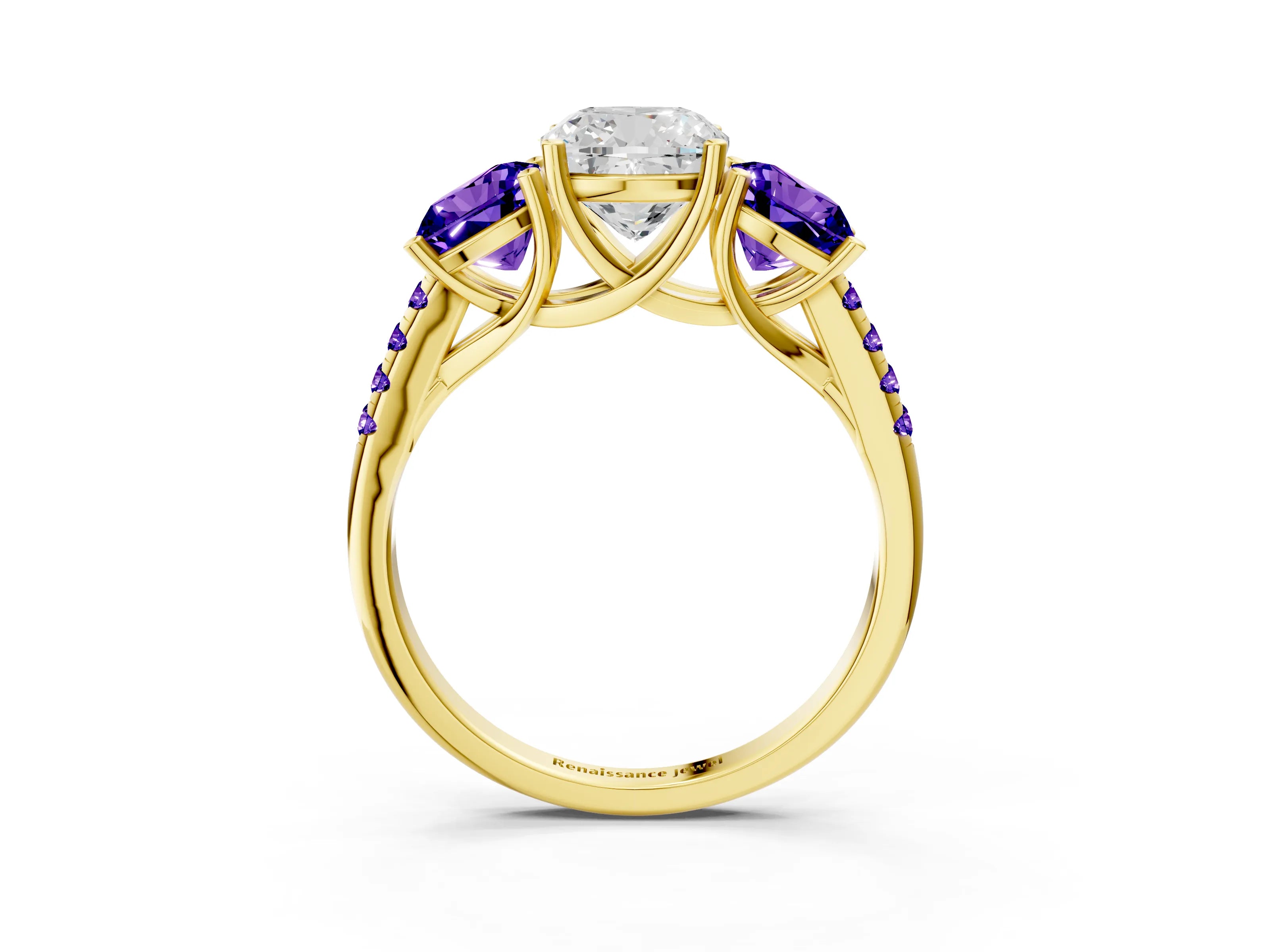 Yellow gold Three-Stone Cushion Cut Diamond Ring with Round with Tanzanite side stone Pavé Band and Prong Setting_3