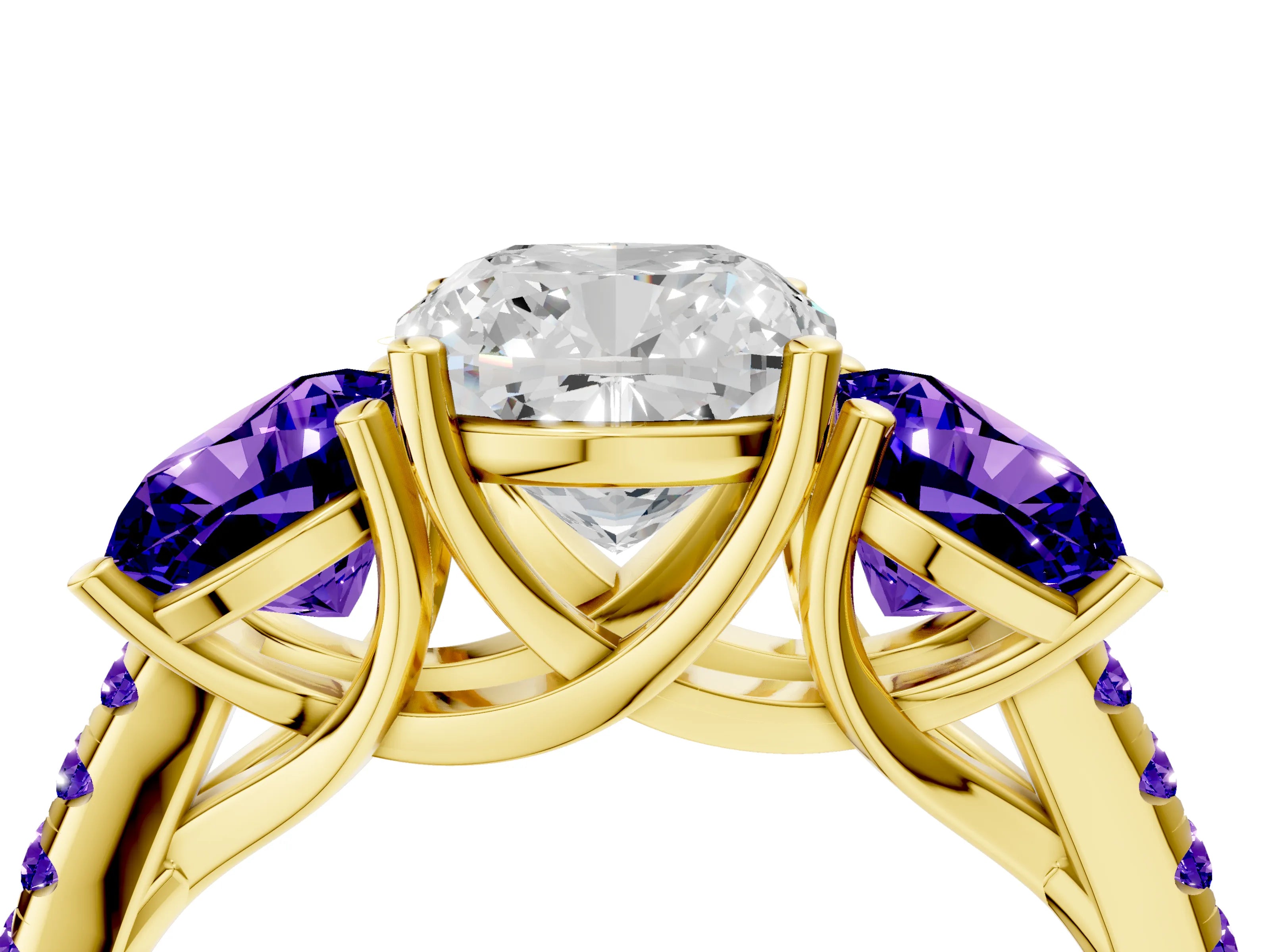 Yellow gold Three-Stone Cushion Cut Diamond Ring with Round with Tanzanite side stone Pavé Band and Prong Setting_4