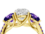 Yellow gold Three-Stone Cushion Cut Diamond Ring with Round with Tanzanite side stone Pavé Band and Prong Setting_4