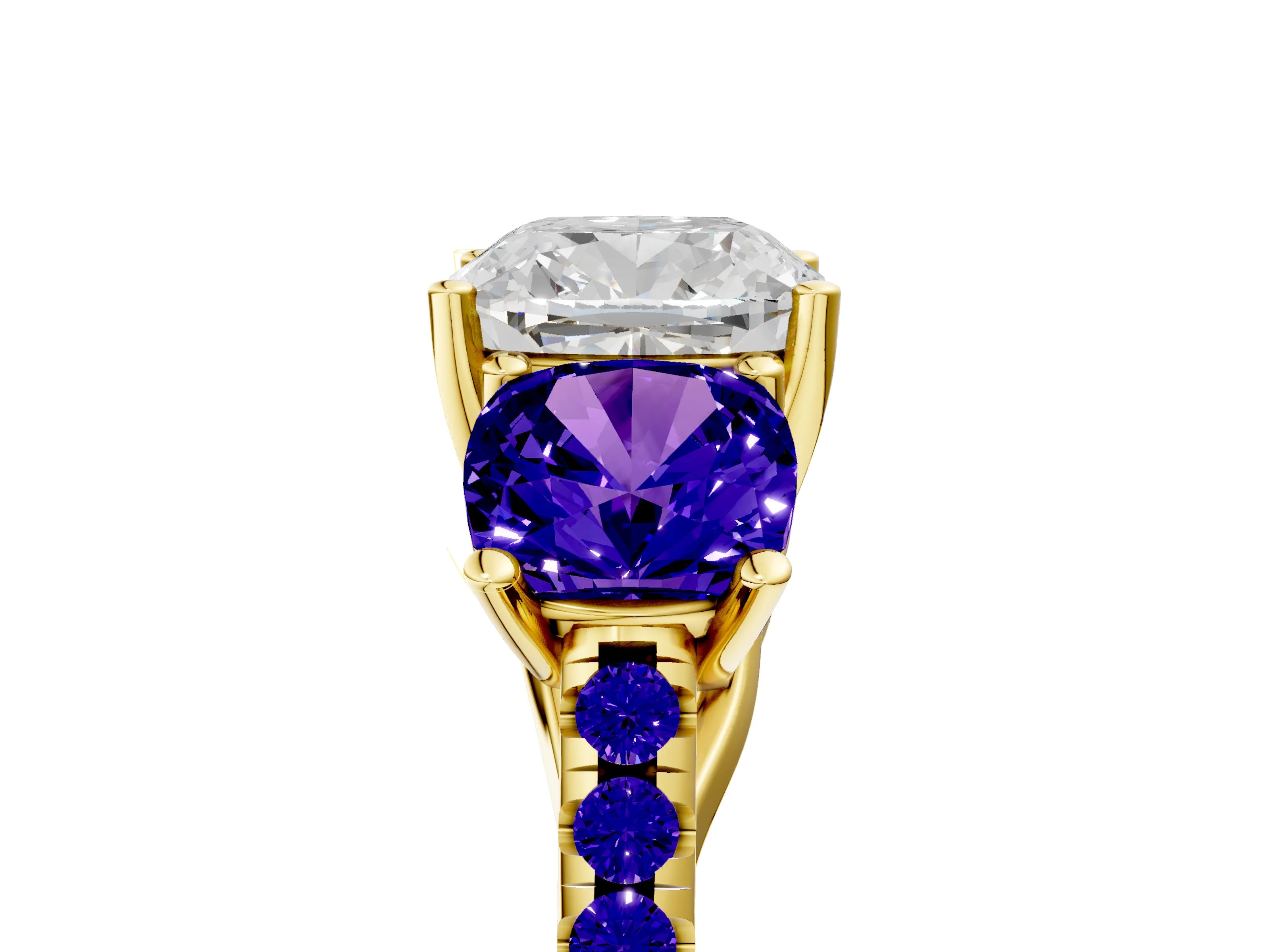 Yellow gold Three-Stone Cushion Cut Diamond Ring with Round with Tanzanite side stone Pavé Band and Prong Setting_5