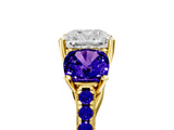 Yellow gold Three-Stone Cushion Cut Diamond Ring with Round with Tanzanite side stone Pavé Band and Prong Setting_5