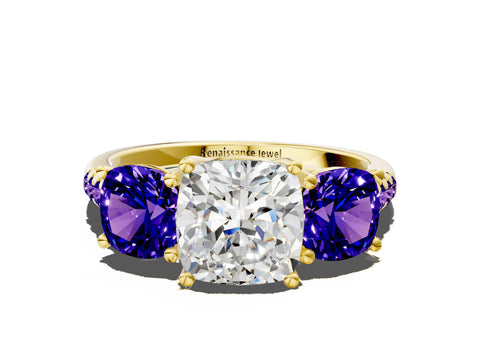 Yellow gold Three-Stone Cushion Cut Diamond Ring with Round with Tanzanite side stone Pavé Band and Prong Setting
