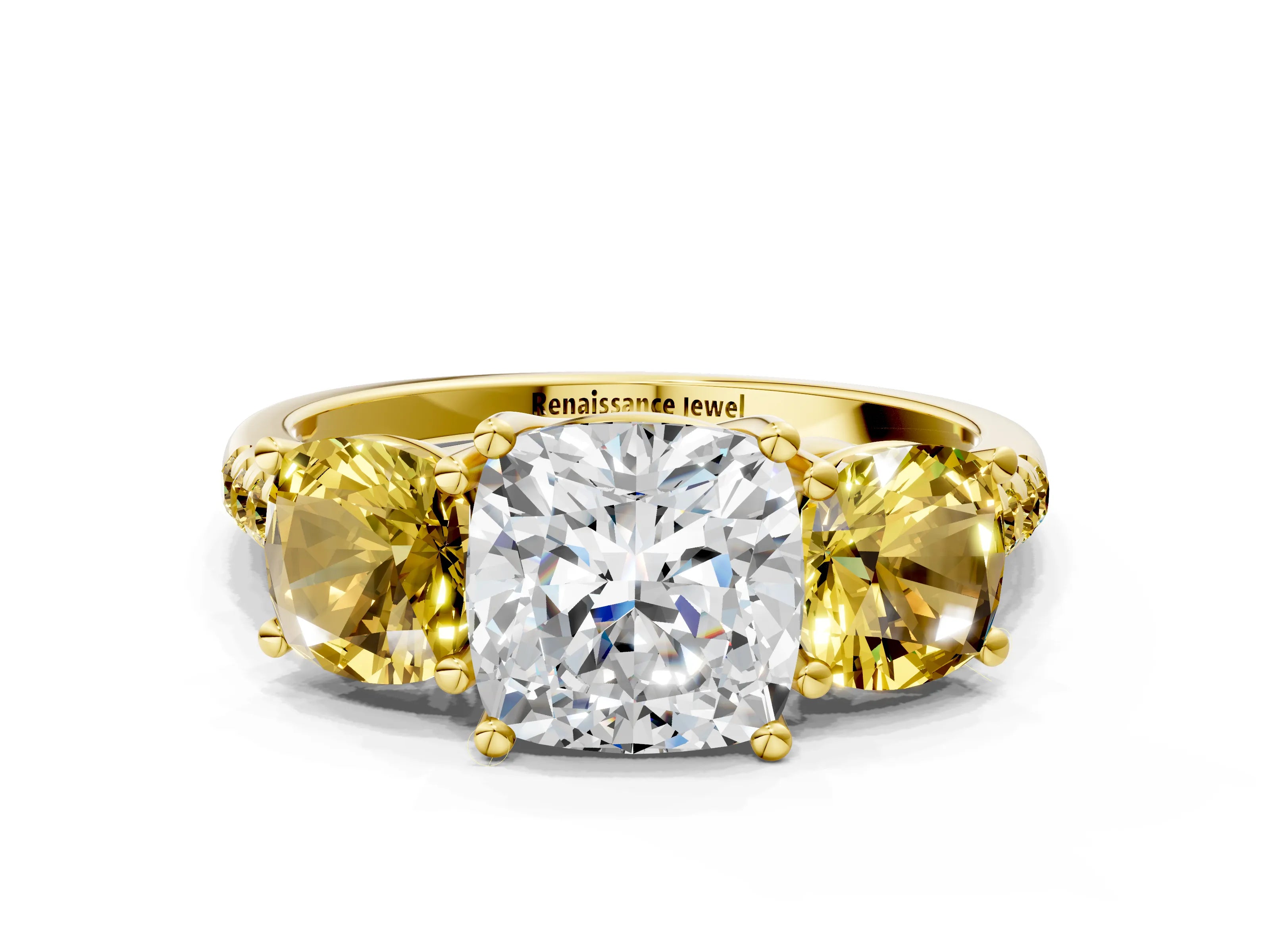 Yellow gold Three-Stone Cushion Cut Diamond Ring with Round with Yellow Sapphire side stone Pavé Band and Prong Setting
