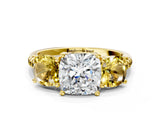 Yellow gold Three-Stone Cushion Cut Diamond Ring with Round with Yellow Sapphire side stone Pavé Band and Prong Setting