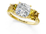 Yellow gold Three-Stone Cushion Cut Diamond Ring with Round with Yellow Sapphire side stone Pavé Band and Prong Setting_1