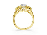 Yellow gold Three-Stone Cushion Cut Diamond Ring with Round with Yellow Sapphire side stone Pavé Band and Prong Setting_3