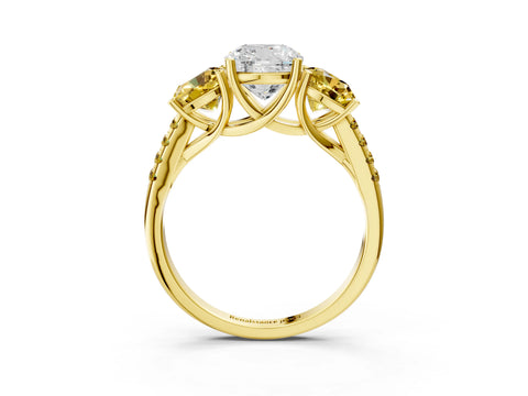 Yellow gold Three-Stone Cushion Cut Diamond Ring with Round with Yellow Sapphire side stone Pavé Band and Prong Setting_3