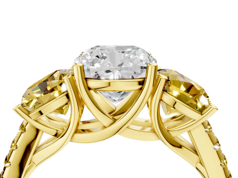 Yellow gold Three-Stone Cushion Cut Diamond Ring with Round with Yellow Sapphire side stone Pavé Band and Prong Setting_4