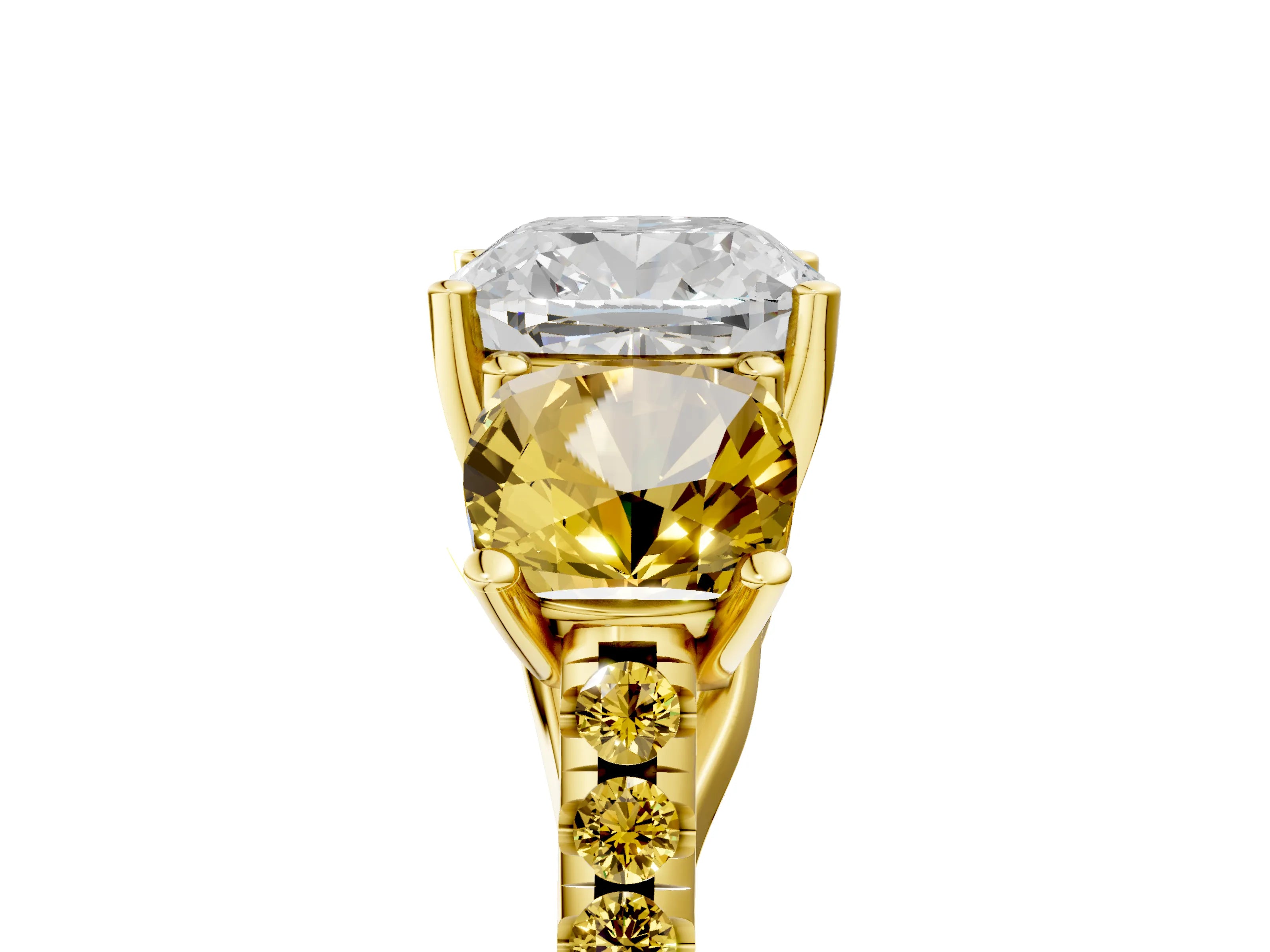 Yellow gold Three-Stone Cushion Cut Diamond Ring with Round with Yellow Sapphire side stone Pavé Band and Prong Setting_5