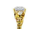 Yellow gold Three-Stone Cushion Cut Diamond Ring with Round with Yellow Sapphire side stone Pavé Band and Prong Setting_5