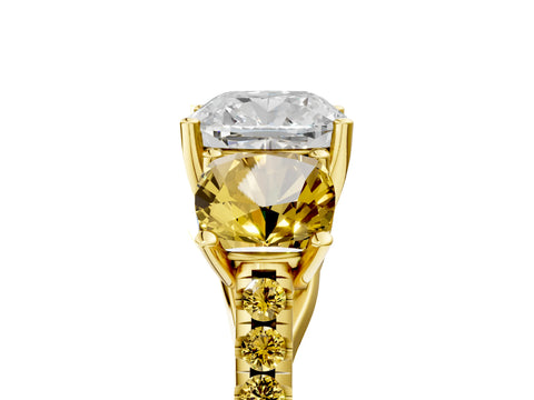 Yellow gold Three-Stone Cushion Cut Diamond Ring with Round with Yellow Sapphire side stone Pavé Band and Prong Setting_5