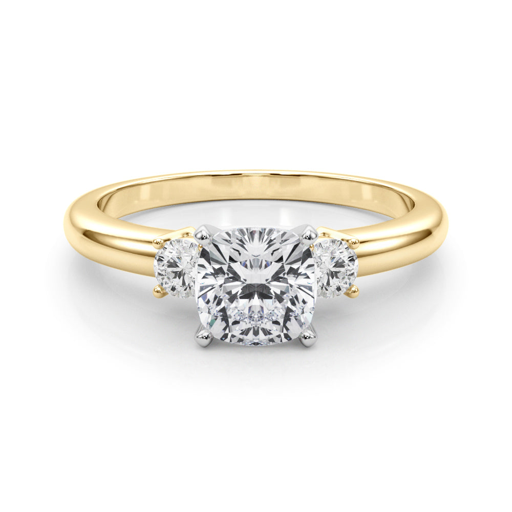 Yellow gold Three-Stone Cushion Cut Diamond Solitaire with Prong Setting and Classic Band 1