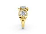 Yellow gold Three-Stone Cushion Cut Diamond Wave Pave Band with Prong Setting_11