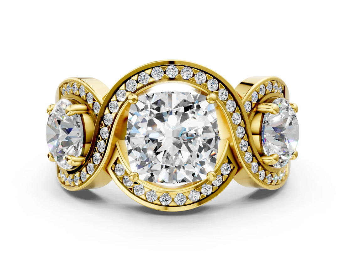 Yellow gold Three-Stone Cushion Cut Diamond Wave Pave Band with Prong Setting_9