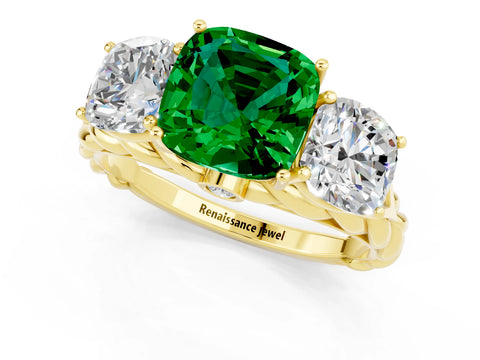 Yellow gold Three-Stone Cushion Cut Emerald Braided Band Ring with Four-Prong Setting_13