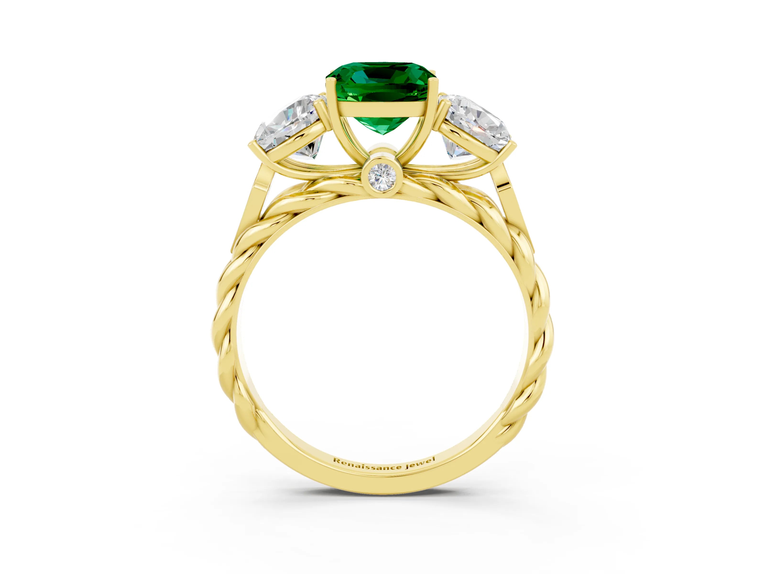 Yellow gold Three-Stone Cushion Cut Emerald Braided Band Ring with Four-Prong Setting_15