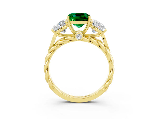 Yellow gold Three-Stone Cushion Cut Emerald Braided Band Ring with Four-Prong Setting