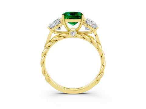 Yellow gold Three-Stone Cushion Cut Emerald Braided Band Ring with Four-Prong Setting_15