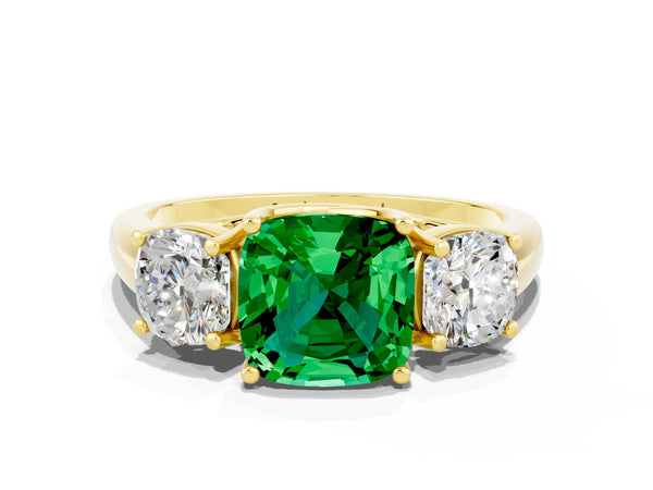 Yellow gold Three-Stone Cushion Cut Emerald Engagement Ring with Prong Setting
