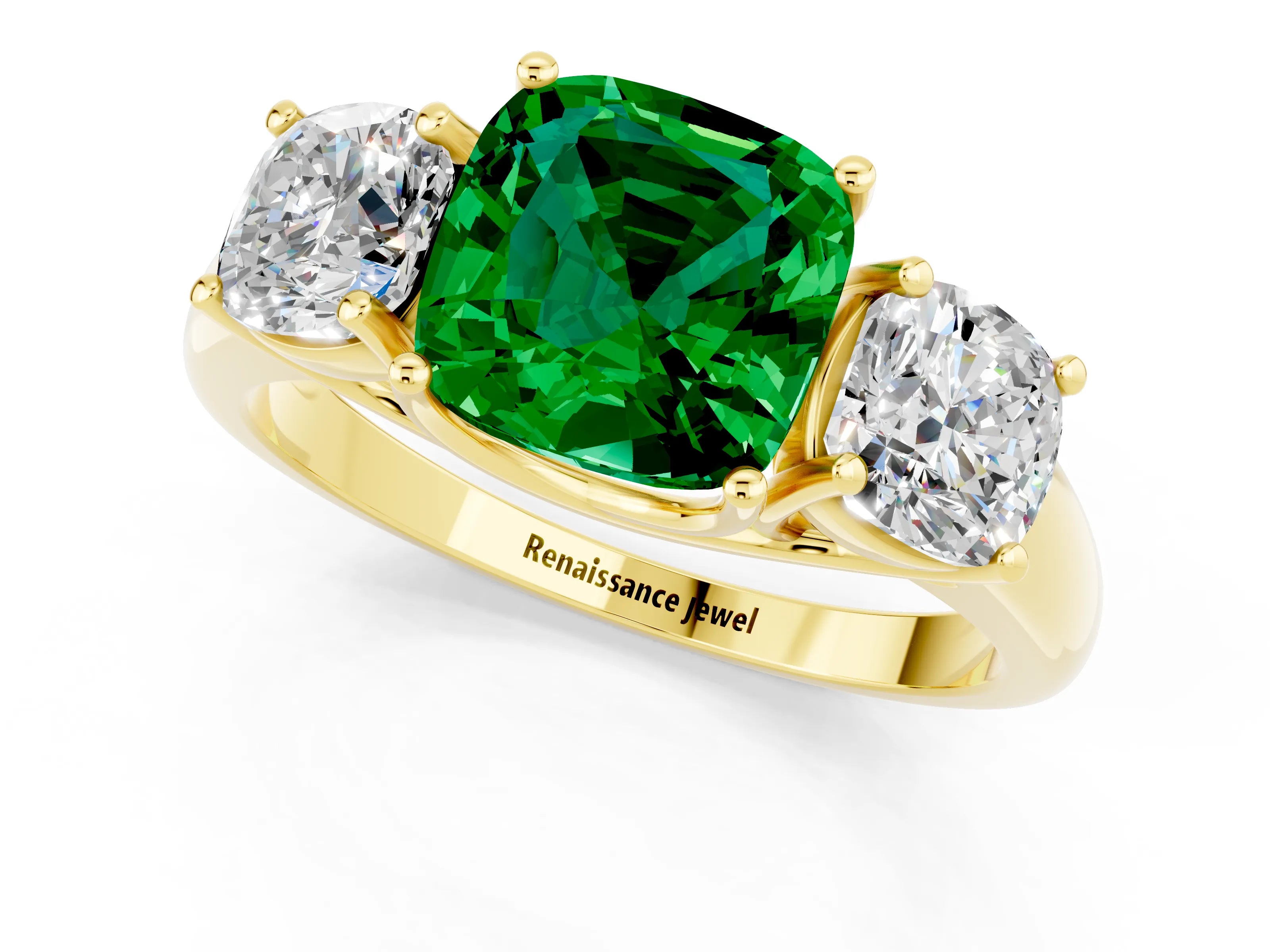 Yellow gold Three-Stone Cushion Cut Emerald Engagement Ring with Prong Setting_1