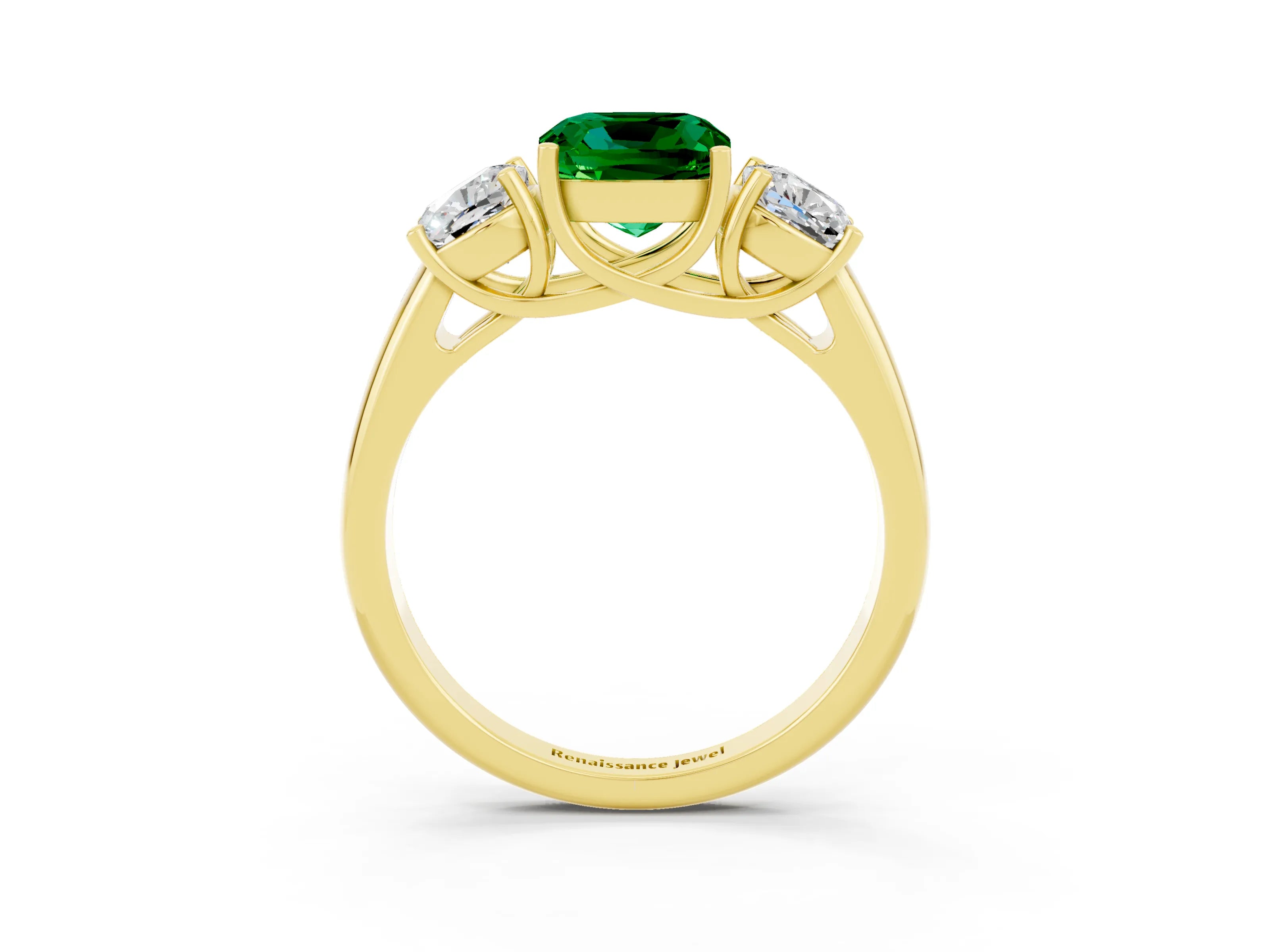 Yellow gold Three-Stone Cushion Cut Emerald Engagement Ring with Prong Setting_3