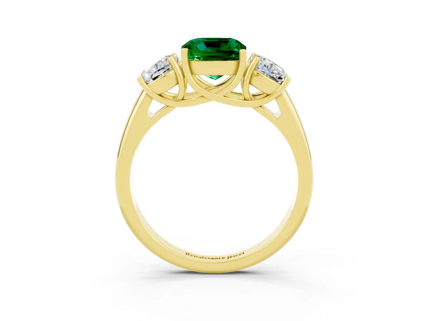 Yellow gold Three-Stone Cushion Cut Emerald Engagement Ring with Prong Setting