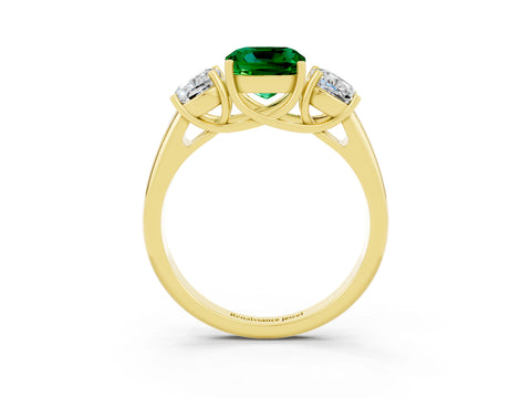 Yellow gold Three-Stone Cushion Cut Emerald Engagement Ring with Prong Setting_3