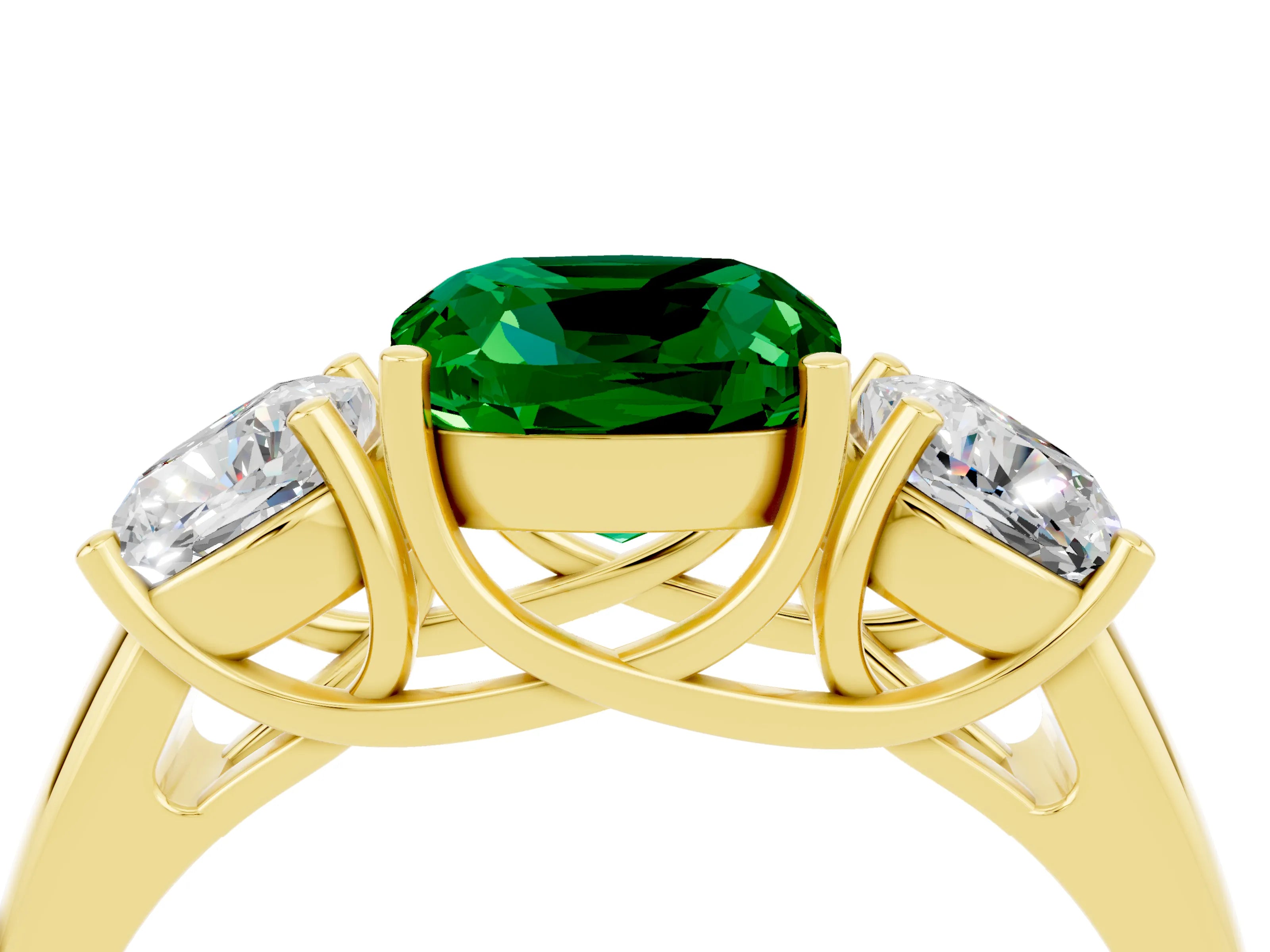 Yellow gold Three-Stone Cushion Cut Emerald Engagement Ring with Prong Setting_4