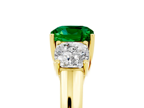 Yellow gold Three-Stone Cushion Cut Emerald Engagement Ring with Prong Setting_5