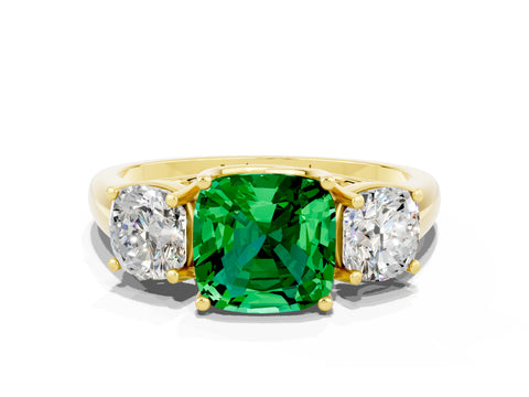 Yellow gold Three-Stone Cushion Cut Emerald Engagement Ring with Prong Setting