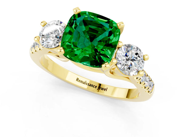 Yellow gold Three-Stone Cushion Cut Emerald Pavé Band with Four-Prong Setting