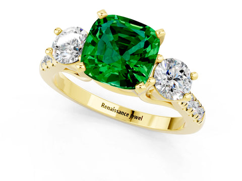Yellow gold Three-Stone Cushion Cut Emerald Pavé Band with Four-Prong Setting_1
