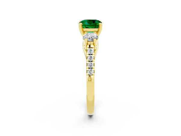 Yellow gold Three-Stone Cushion Cut Emerald Pavé Band with Four-Prong Setting