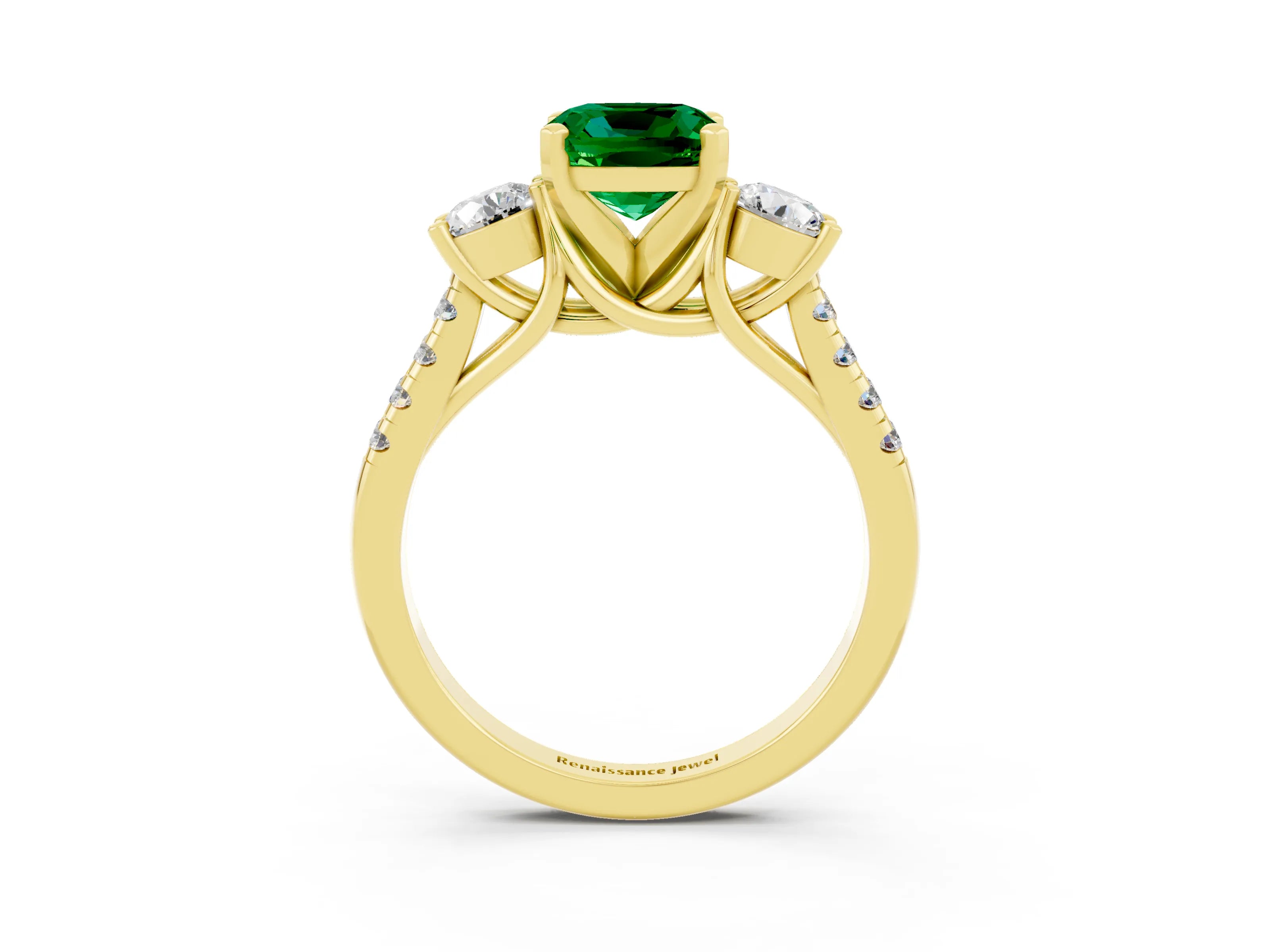 Yellow gold Three-Stone Cushion Cut Emerald Pavé Band with Four-Prong Setting_3