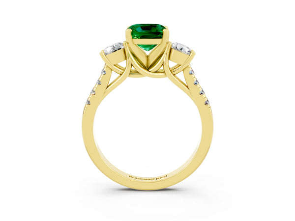Yellow gold Three-Stone Cushion Cut Emerald Pavé Band with Four-Prong Setting