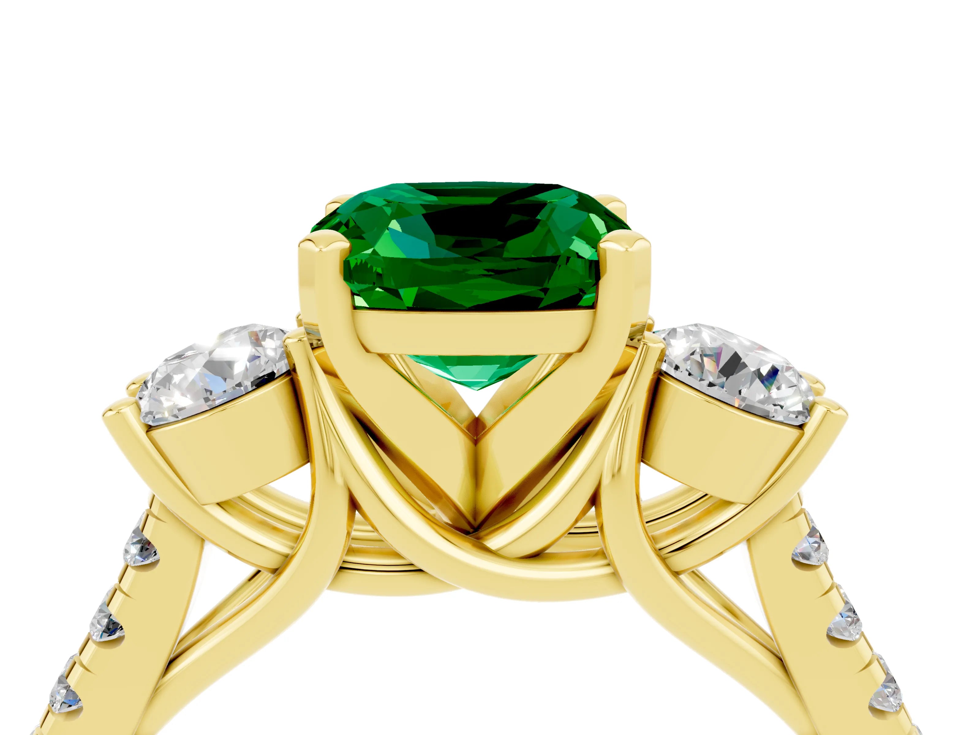 Yellow gold Three-Stone Cushion Cut Emerald Pavé Band with Four-Prong Setting_4