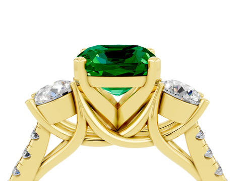 Yellow gold Three-Stone Cushion Cut Emerald Pavé Band with Four-Prong Setting_4