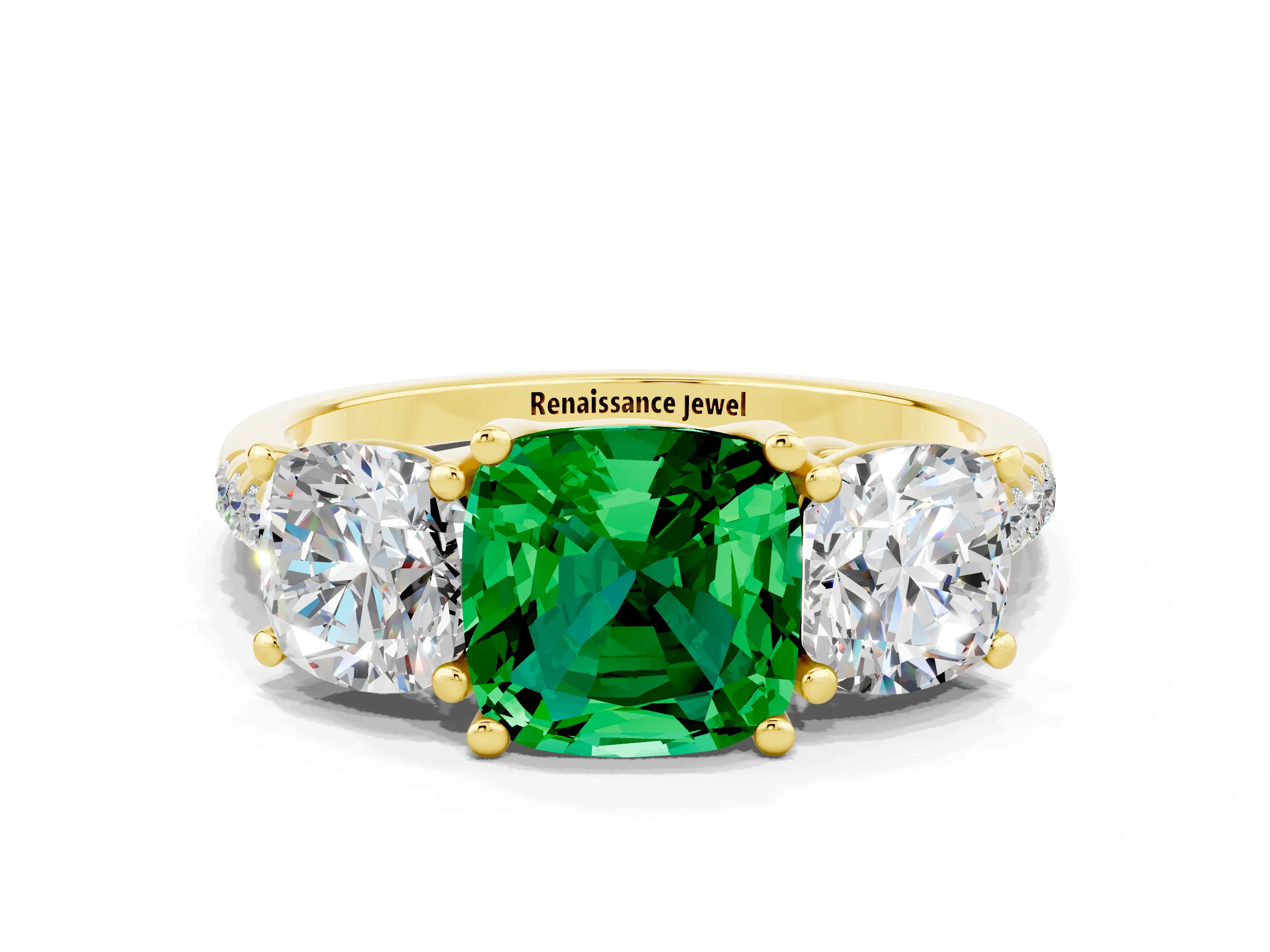 Yellow gold Three-Stone Cushion Cut Emerald Ring with Pavé Band and Prong Setting_12