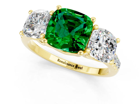 Yellow gold Three-Stone Cushion Cut Emerald Ring with Pavé Band and Prong Setting_13