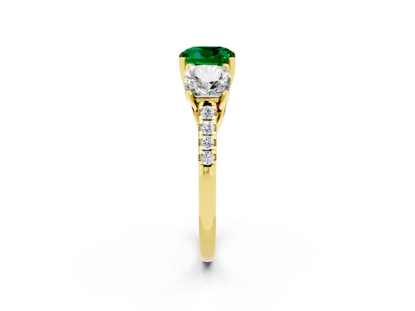 Yellow gold Three-Stone Cushion Cut Emerald Ring with Round  Pavé Band and Prong Setting