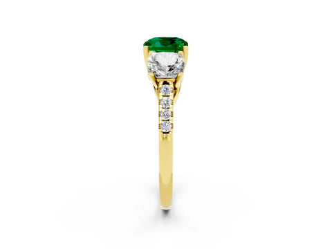 Yellow gold Three-Stone Cushion Cut Emerald Ring with Pavé Band and Prong Setting_14